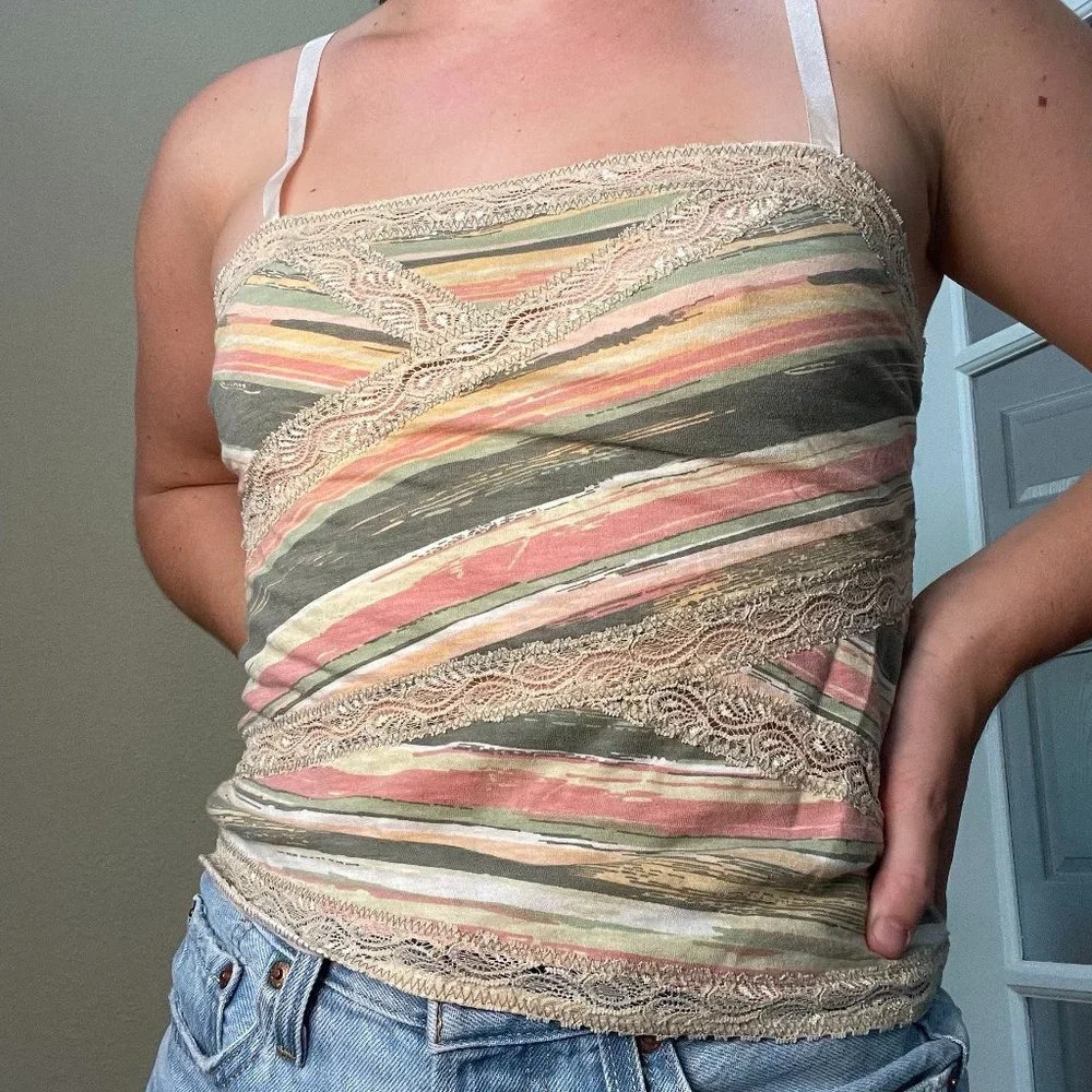 FREE PEOPLE Lace Trim Striped Cami Tank Top - size small - Picture 2 of 5